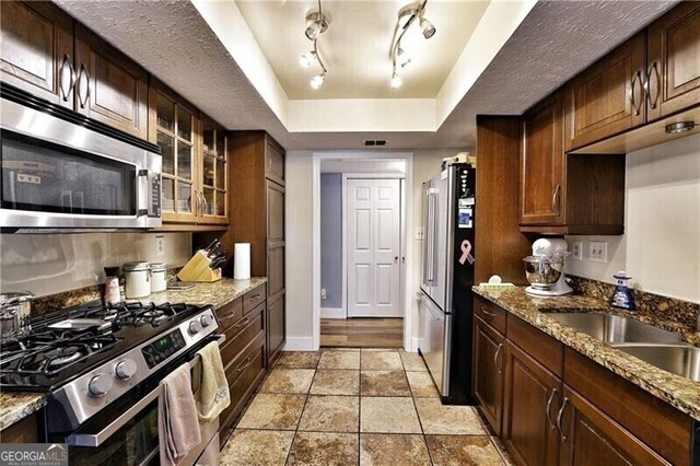 kitchen featuring stone counters, appliances with stainless steel finishes, a raised ceiling, and a sink