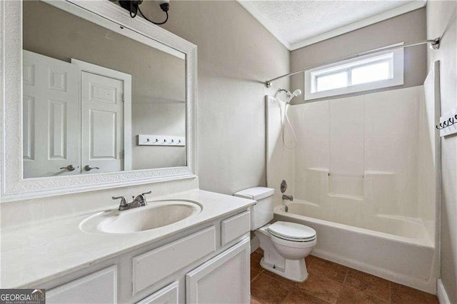 bathroom featuring a textured ceiling, toilet, vanity, shower / bathing tub combination, and tile patterned floors