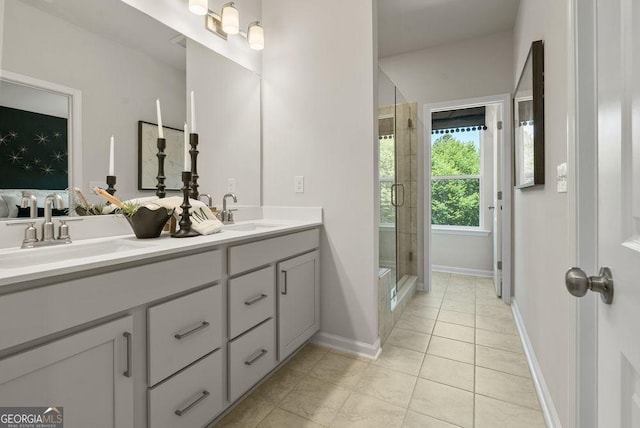 bathroom featuring tile patterned floors, a sink, a shower stall, and double vanity