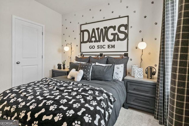 bedroom with light colored carpet