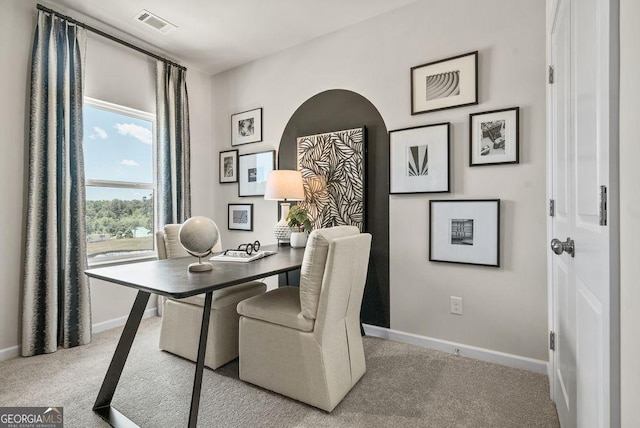 office space featuring light carpet, visible vents, and baseboards