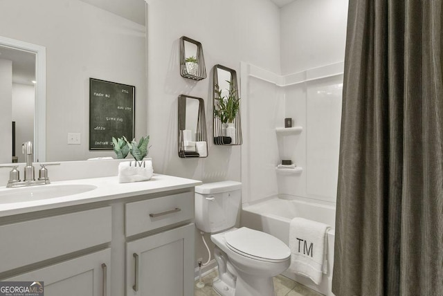 bathroom with toilet, shower / bath combo with shower curtain, and vanity