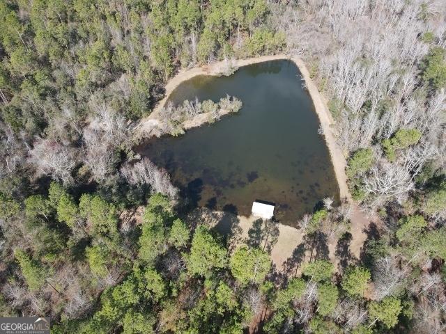 drone / aerial view with a water view and a wooded view