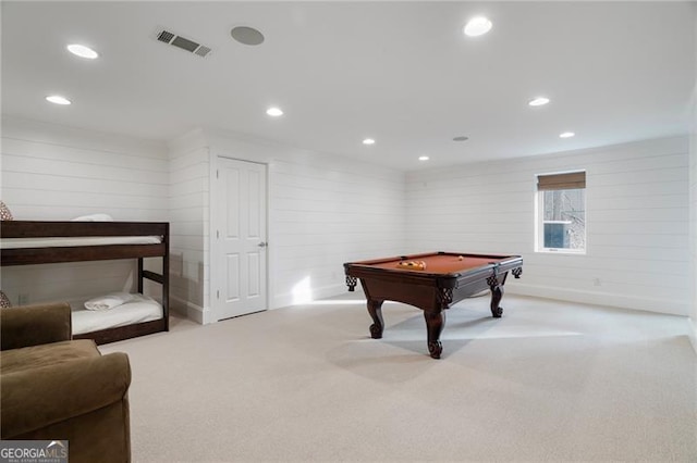 playroom featuring light carpet, billiards, visible vents, and recessed lighting