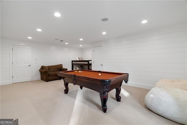 game room featuring light carpet, pool table, and recessed lighting