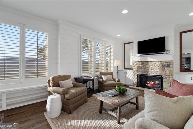 living area with wood finished floors, crown molding, a stone fireplace, a decorative wall, and recessed lighting