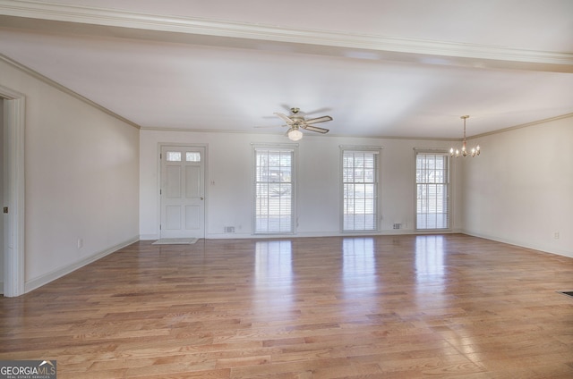 unfurnished living room featuring light wood finished floors, crown molding, and ceiling fan with notable chandelier