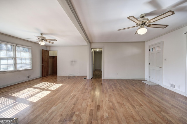 unfurnished living room with light wood-style floors, ceiling fan, and baseboards