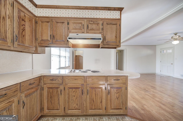 kitchen featuring a peninsula, ventilation hood, brown cabinetry, and white electric cooktop