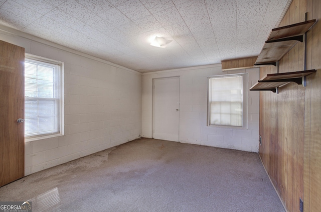 carpeted spare room with concrete block wall