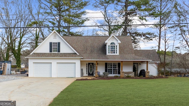 view of front of house with a garage, concrete driveway, a front lawn, and roof with shingles