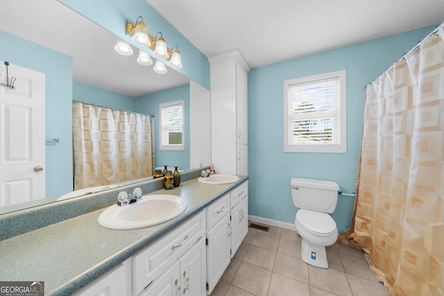 full bath with toilet, tile patterned flooring, visible vents, and a sink