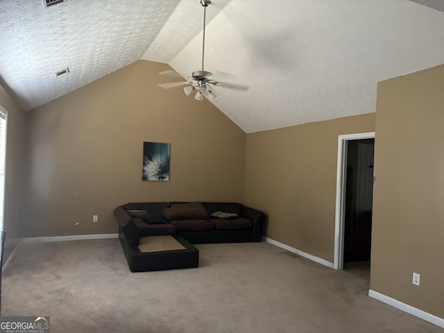 living room with a ceiling fan, carpet, visible vents, and vaulted ceiling