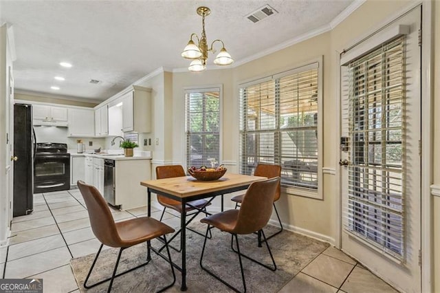 dining space featuring crown molding, visible vents, light tile patterned flooring, a chandelier, and baseboards