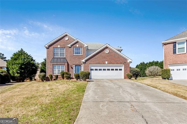 traditional-style home featuring driveway, a front lawn, and brick siding