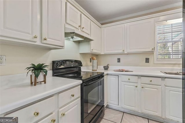 kitchen with light countertops, white cabinetry, black range with electric stovetop, and under cabinet range hood