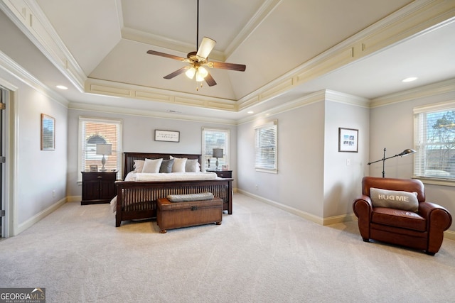 bedroom with light carpet, ornamental molding, recessed lighting, and baseboards