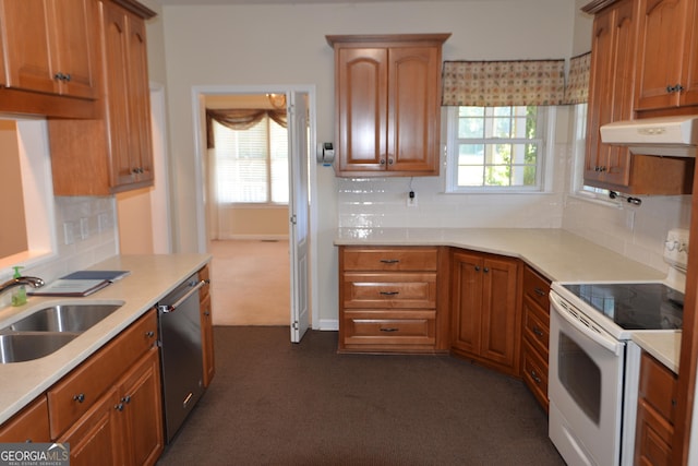 kitchen with light countertops, white electric range, stainless steel dishwasher, a sink, and under cabinet range hood