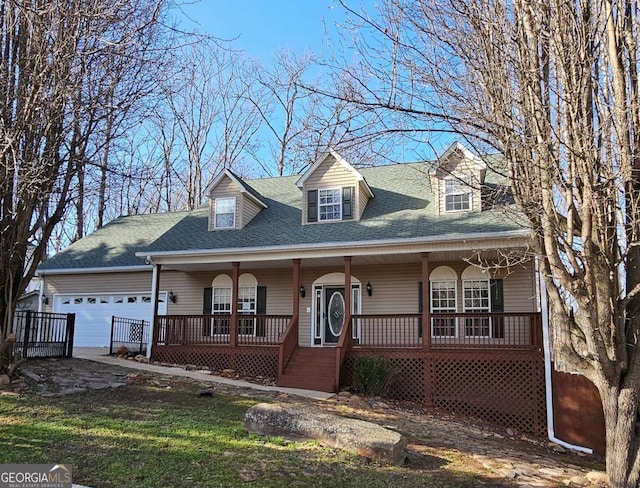 new england style home featuring covered porch, a shingled roof, and an attached garage