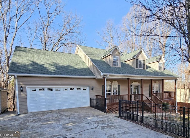 cape cod-style house featuring a garage, a shingled roof, concrete driveway, covered porch, and fence