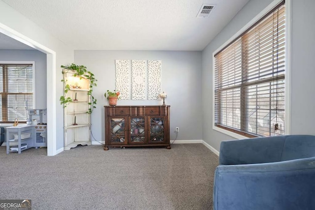 living area featuring carpet flooring, visible vents, and baseboards