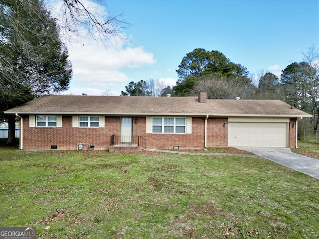 ranch-style house with brick siding, a chimney, concrete driveway, an attached garage, and crawl space