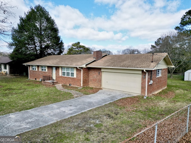 ranch-style house with concrete driveway, a chimney, an attached garage, a front lawn, and brick siding