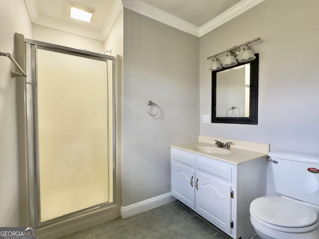 bathroom with a stall shower, tile patterned floors, vanity, and crown molding