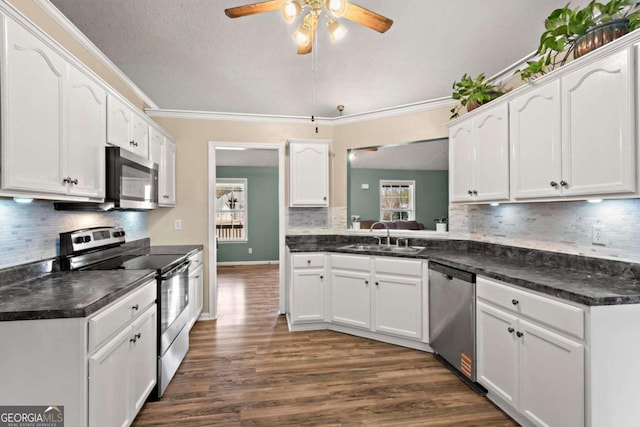 kitchen featuring dark wood-style flooring, a sink, white cabinets, appliances with stainless steel finishes, and backsplash