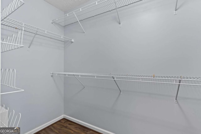 spacious closet with dark wood-style flooring