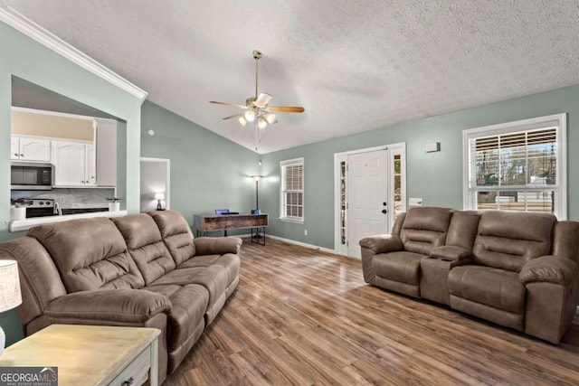 living room featuring lofted ceiling, ceiling fan, a textured ceiling, and wood finished floors