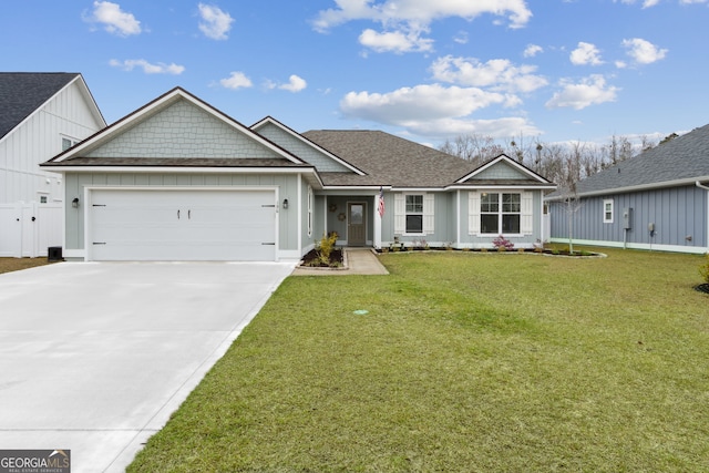 view of front of house featuring driveway, a shingled roof, an attached garage, a front lawn, and board and batten siding