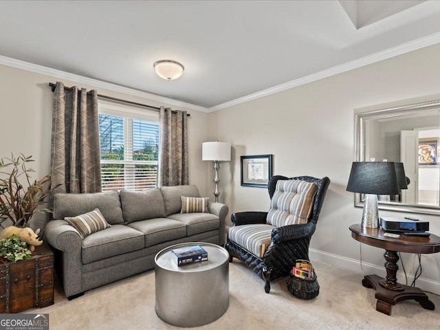 carpeted living area with baseboards and crown molding