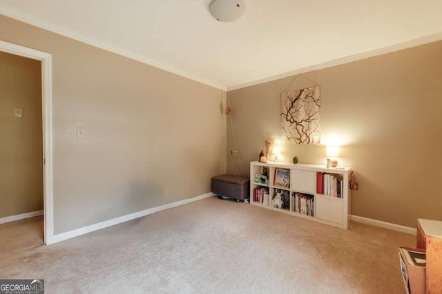 interior space featuring crown molding, carpet flooring, and baseboards