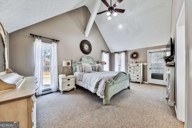 bedroom featuring high vaulted ceiling, beamed ceiling, a ceiling fan, and light colored carpet