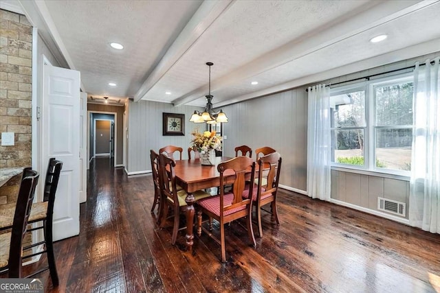 dining room with dark wood-style floors, beam ceiling, recessed lighting, visible vents, and baseboards