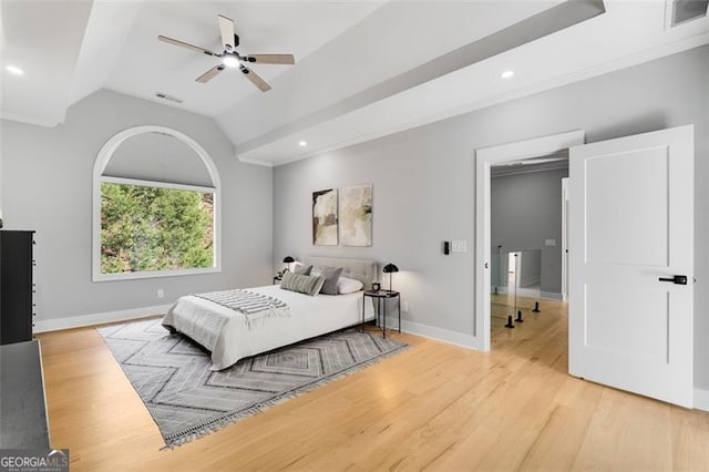 bedroom with recessed lighting, visible vents, light wood-style flooring, vaulted ceiling, and baseboards