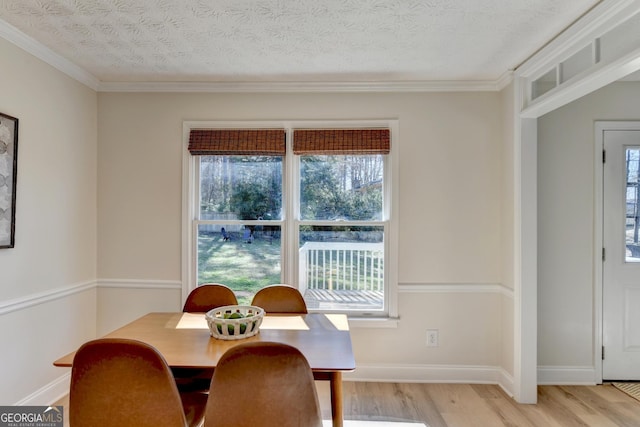 dining room with a textured ceiling, light wood-type flooring, a wealth of natural light, and baseboards