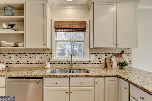 kitchen featuring a sink, stainless steel dishwasher, backsplash, light stone countertops, and crown molding