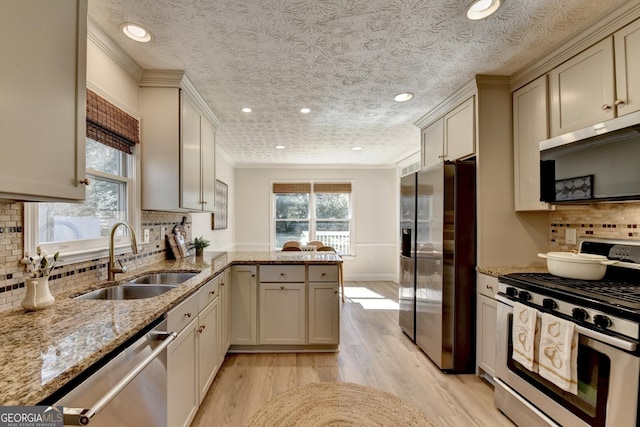 kitchen featuring a peninsula, a healthy amount of sunlight, appliances with stainless steel finishes, and a sink