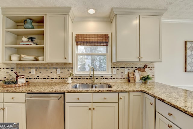 kitchen with dishwasher, crown molding, a textured ceiling, open shelves, and a sink