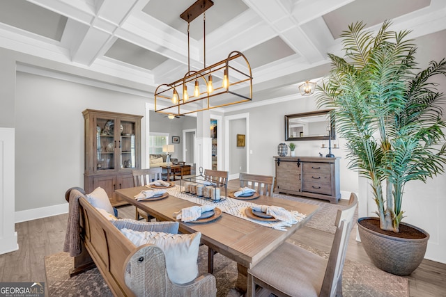 dining room featuring beam ceiling, coffered ceiling, baseboards, and wood finished floors