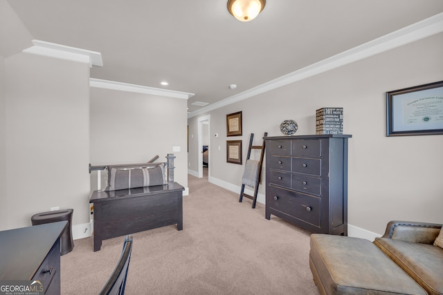 interior space with light carpet, recessed lighting, baseboards, and crown molding