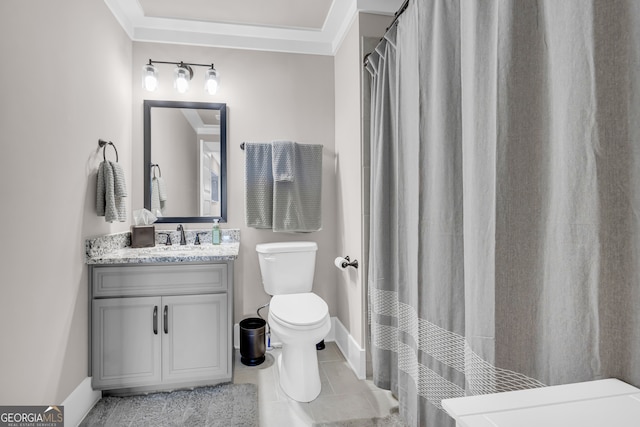 full bath featuring toilet, ornamental molding, vanity, baseboards, and tile patterned floors