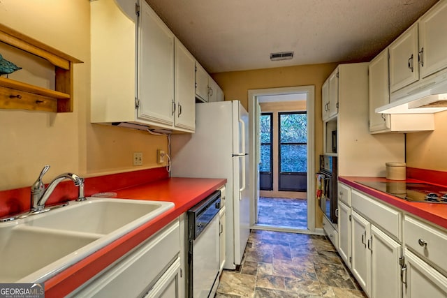 kitchen with black appliances, under cabinet range hood, white cabinetry, and a sink