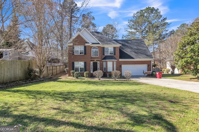 view of front of house with a garage, brick siding, fence, concrete driveway, and a front yard