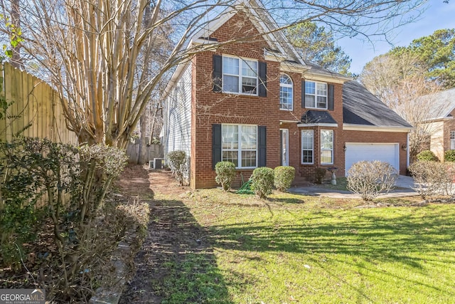 view of front of house featuring a garage, fence, cooling unit, a front lawn, and brick siding