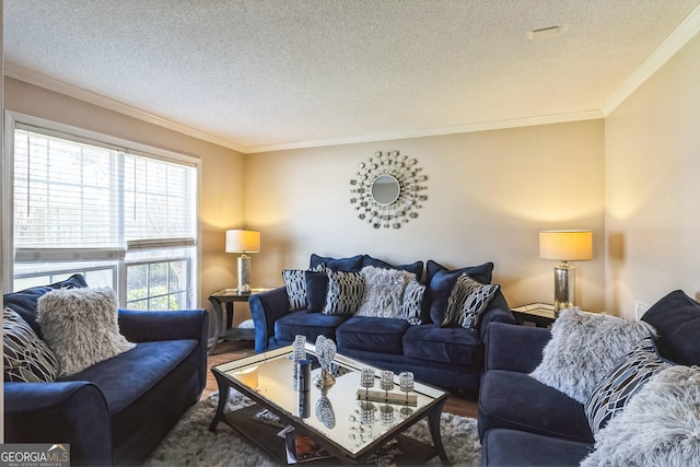 living area with ornamental molding, a textured ceiling, and wood finished floors