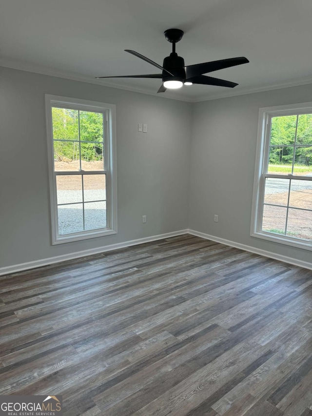 spare room with a healthy amount of sunlight, baseboards, ornamental molding, and dark wood-type flooring