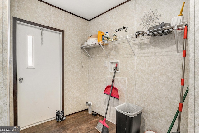 washroom with laundry area, ornamental molding, dark wood-style flooring, and hookup for a washing machine